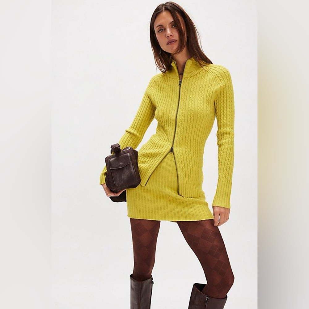 4020. FREE PEOPLE Eliza Mini Skirt Sweater Set in Chartreuse NWT $168